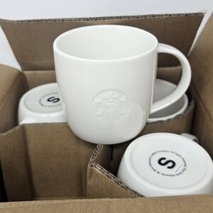 Starbucks New 8 oz White Embossed Siren Mermaid Logo Coffee Cups 2010 Set NIB